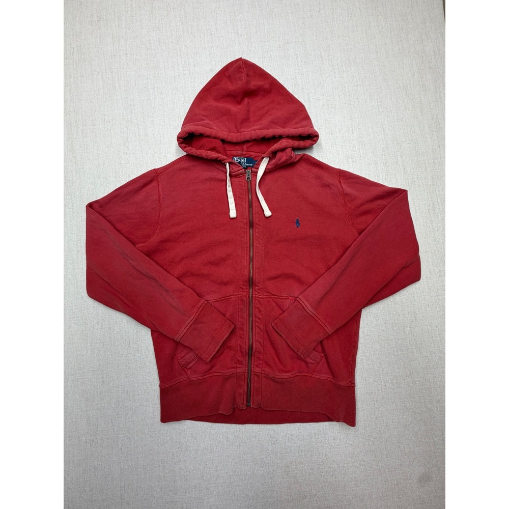 VINTAGE Polo Ralph Lauren Mens Full Zip Hoodie Red Navy Pony Logo Size Medium